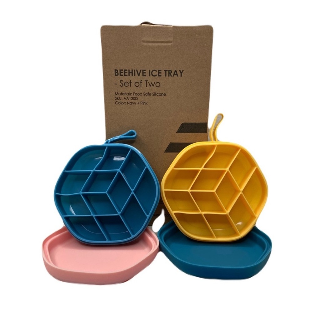 New NIB  Set Hubee Food‎ Safe Silicone Beehive Ice Tray - Navy + Pink - Set of 2
